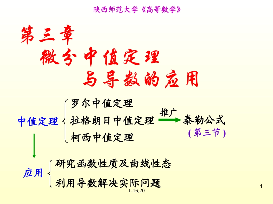 陕西师范大学《高等数学》课件-第3章微分中值定理与导数的应用.ppt_第1页