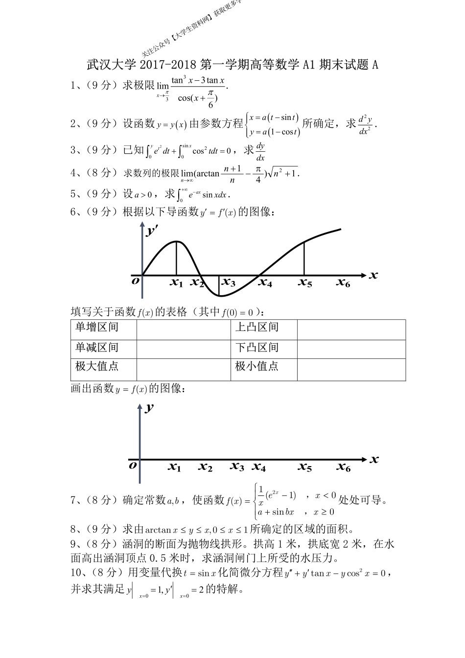 武汉大学《高等数学A1》2017-2018第一学期期末试卷A卷.pdf_第1页